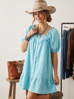 Stoney Clover Lane Blue Linen Blend Puff Sleeve Button Front Ruffled Dress Small